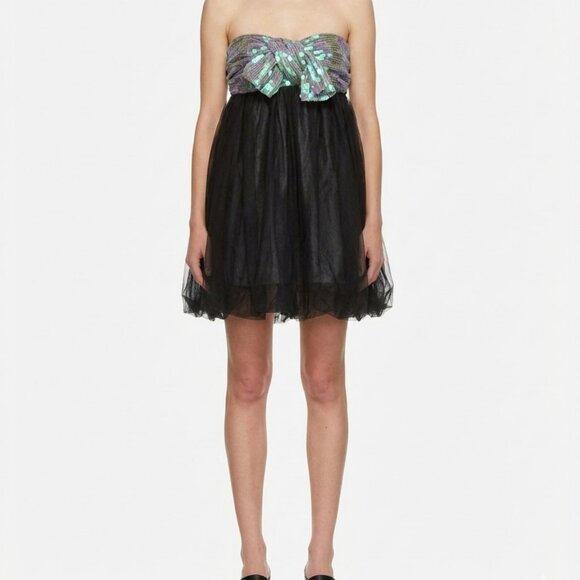 BROSE Holt Renfrew Babydoll Y2K Bubble Hem Strapless Sequin Black Mini Dress 2 - Picture 2 of 7